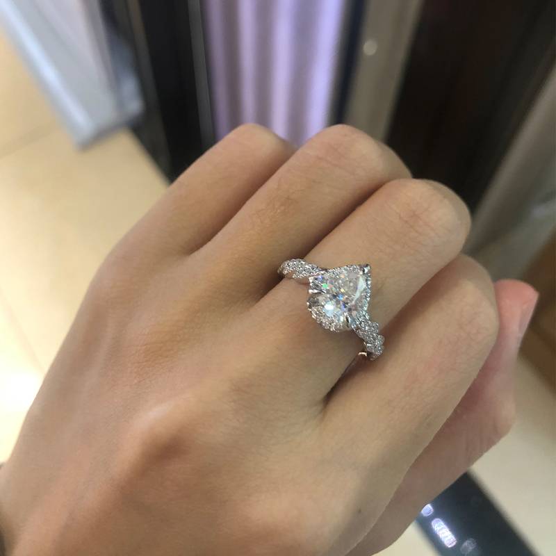水滴切割Women's RingS925银镀白金定制选款主石Moissanite1.25ct/副石高碳钻